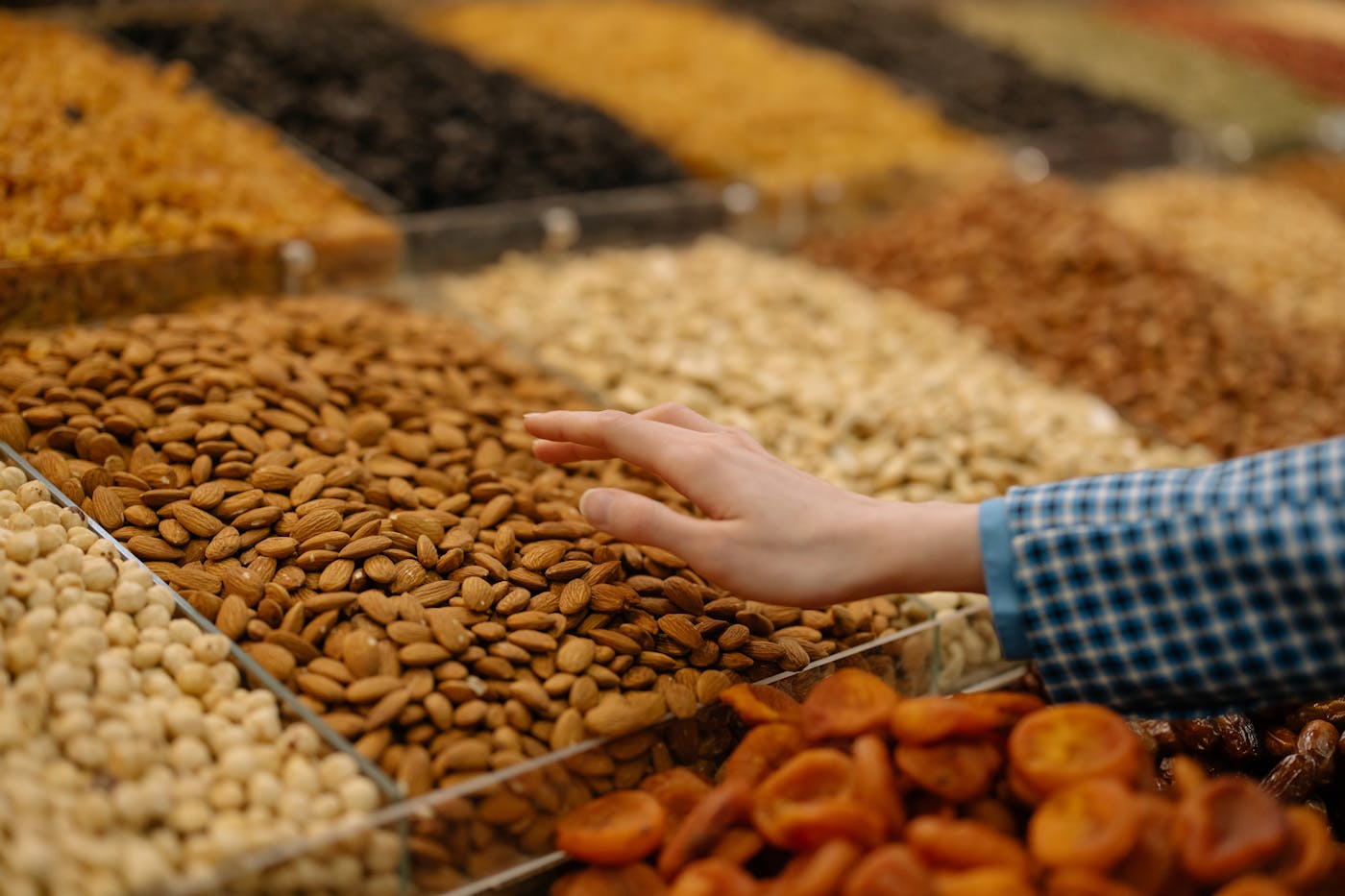Assorted nuts and dried fruit at market